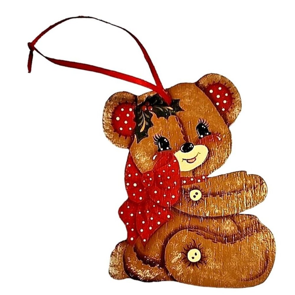 Vintage 1983 Hand Painted Teddy Bear Christmas Ornament on Wood 4.5"